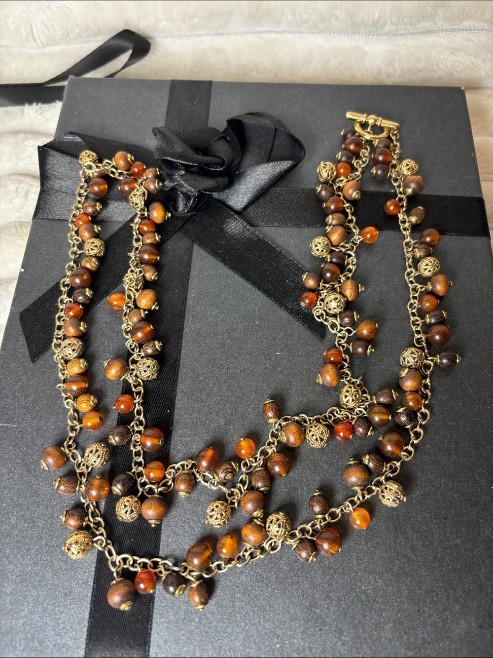 36” Multi-Strand Brown and Amber Bead Necklace